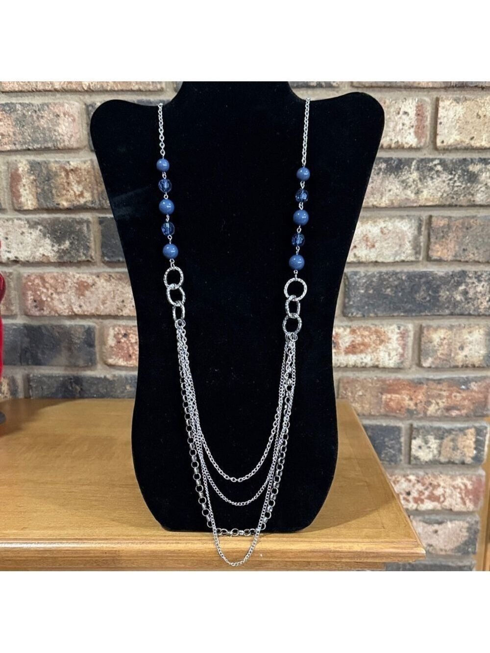 Silver tone 4 strand blue beaded accent long chain necklace
